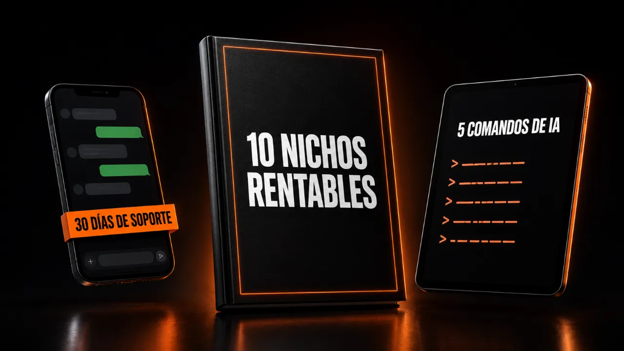 Los tres bonos del programa: la checklist de 10 nichos rentables, los 5 comandos de inteligencia artificial y los 30 días de soporte