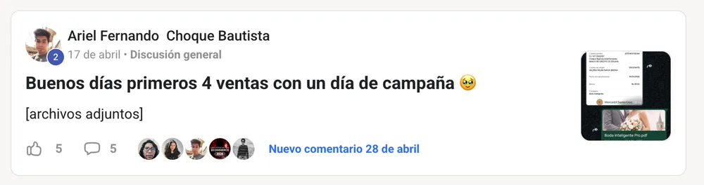 Publicación de Ariel Fernando Choque Bautista en la comunidad: primeras 4 ventas con un día de campaña, con el comprobante de pago adjunto.