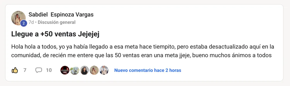 Publicación de Sabdiel Espinoza Vargas en la comunidad: llegó a más de 50 ventas.