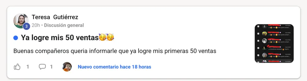 Publicación de Teresa Gutiérrez en la comunidad: ya logró sus primeras 50 ventas.